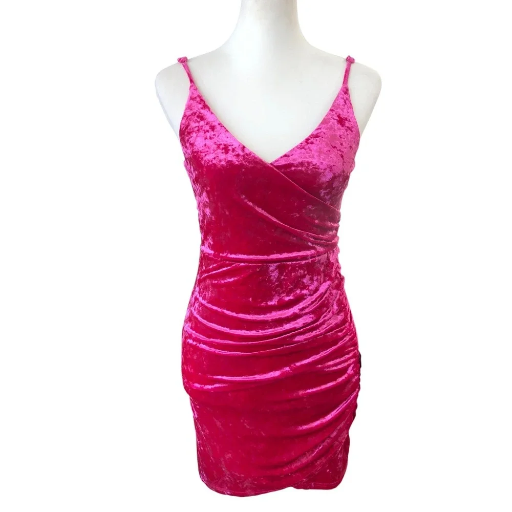 New! V-Neck Fuchsia Pink Velvet Strappy Sexy Mini‎ Cocktail Party Dress Sz S